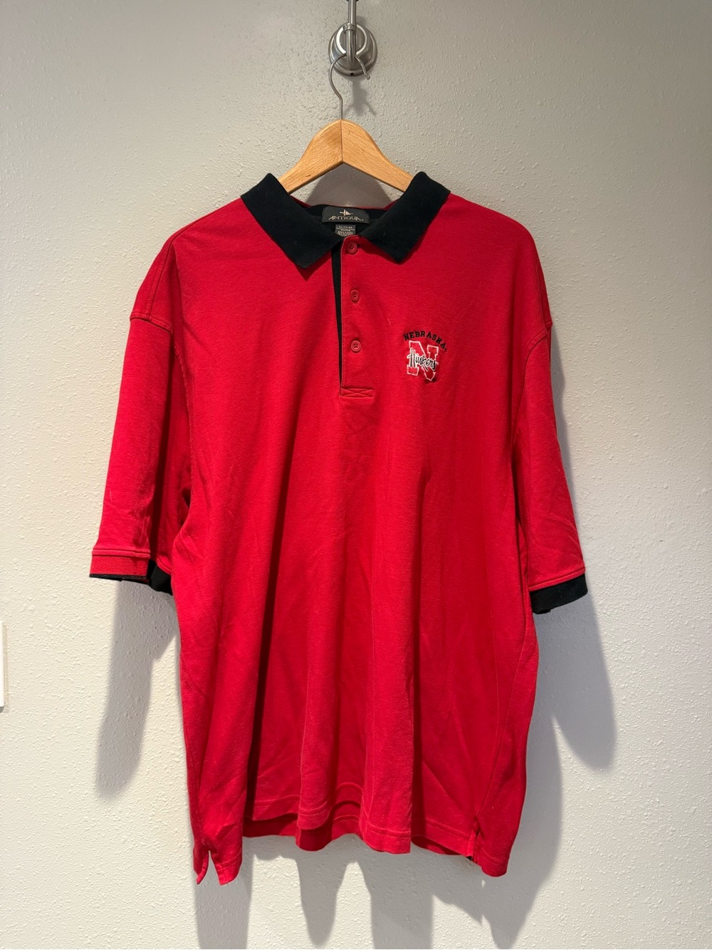 Antigua Nebraska Huskers Polo Shirt Red Black Short Sleeve Size XL